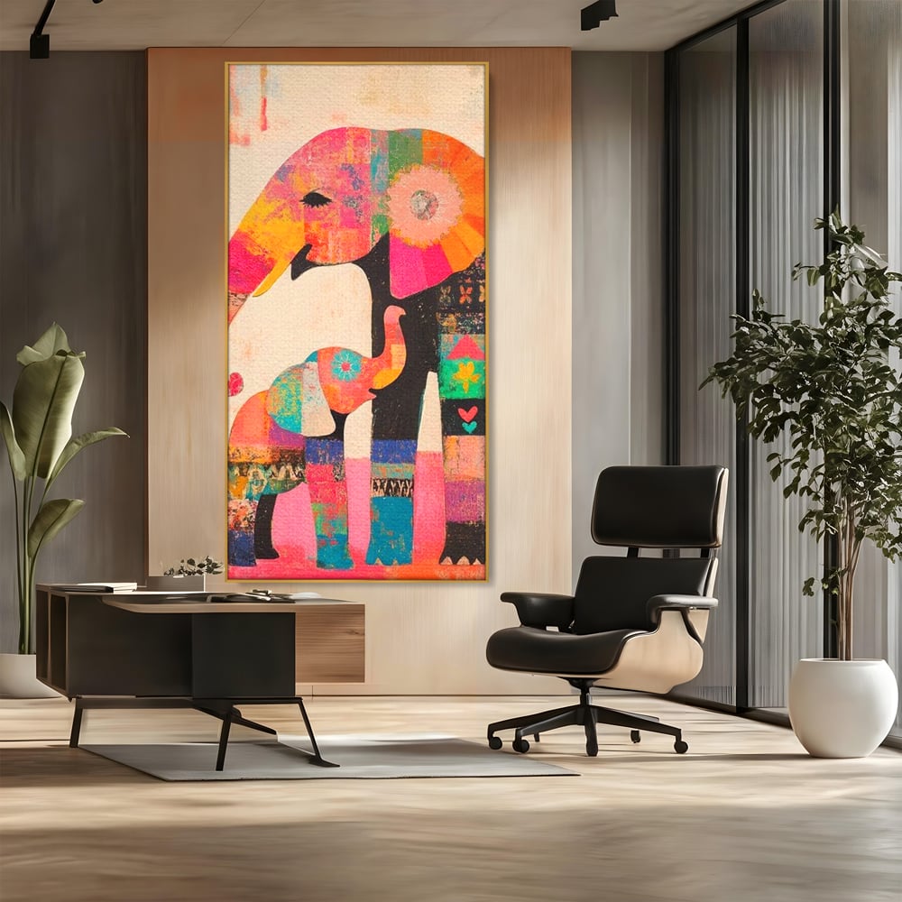 Tablou canvas cu tablou pictura cu elefanti colorati, in rama de aluminiu auriu, pe perete intr-un birou